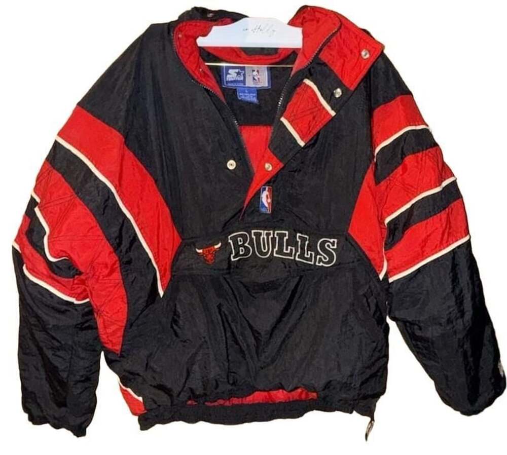 Starter Chicago Bulls Pullover Jacket Size L Black Red NBA 90s Vintage
